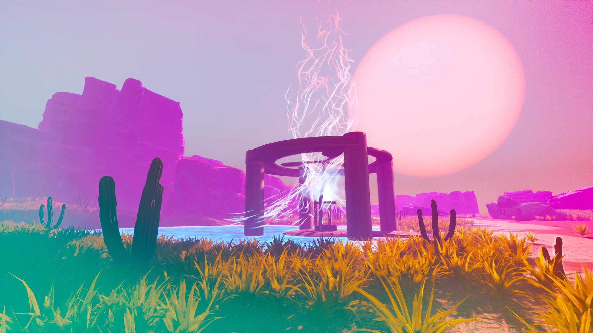 A red-and-blue tinged alien desert landscape with a vehicle racing through, in an isometric view, from game ADRIFT