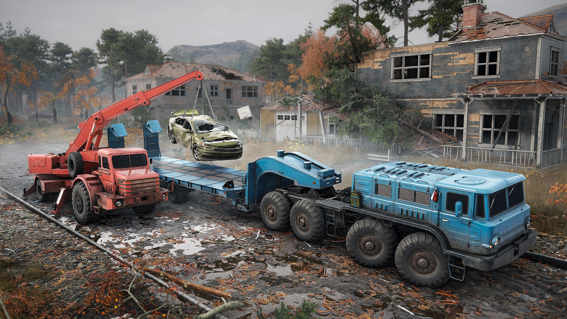 Trucks in a disaster zone