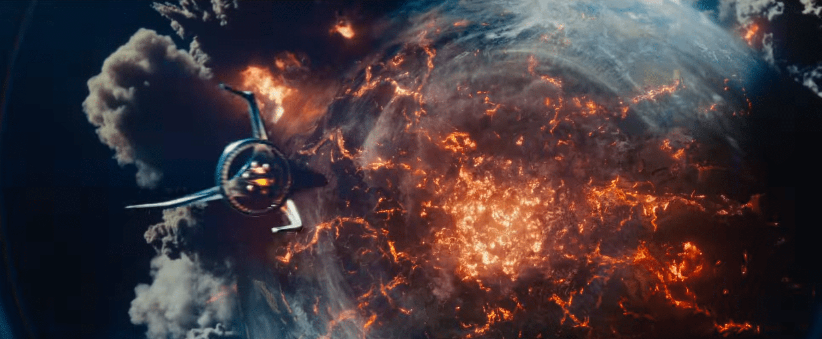 A screenshot of the Fantastic Four rocket flying at a molten Earth, in a still from the Fantastic Four: First Steps trailer A screenshot of the Fantastic Four rocket flying at a molten Earth, in a still from the Fantastic Four: First Steps trailer