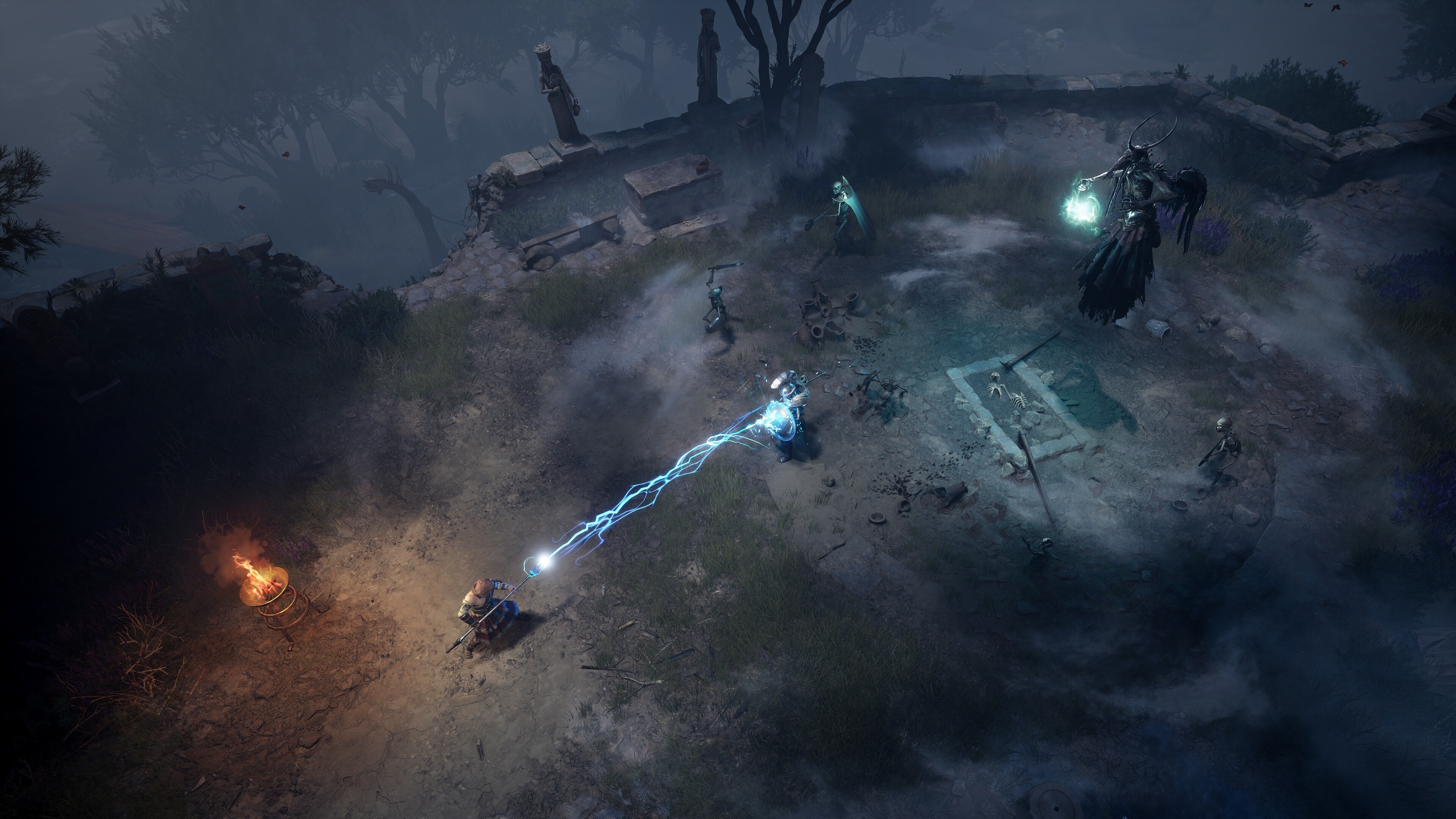 A Titan Quest 2 player deflects an attacking sorcerer's lightning spell with a hoplite shield.