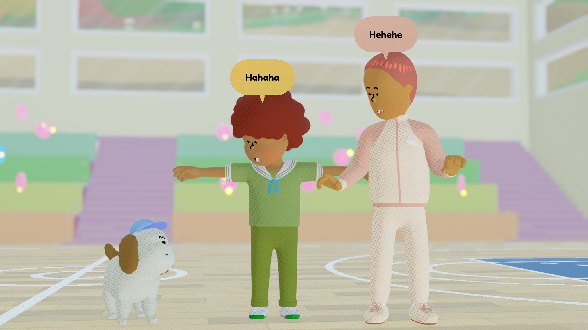 A teach, a kid, and a dog laughing