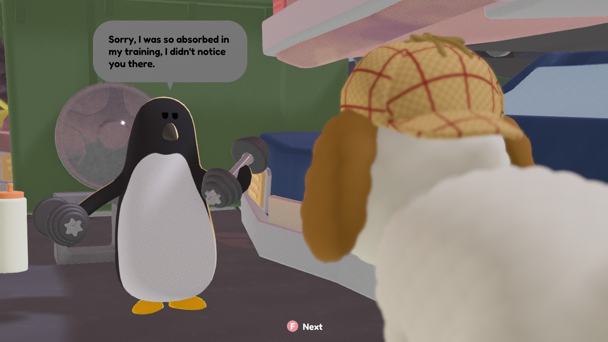 A dog talking to a penguin lifting weights