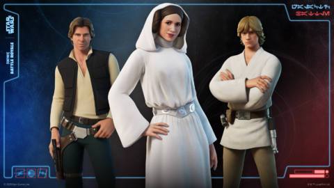 Luke, Leia, and Han stand in front of a Fortnite background as uncanny valley Fortnite iterations of their characters