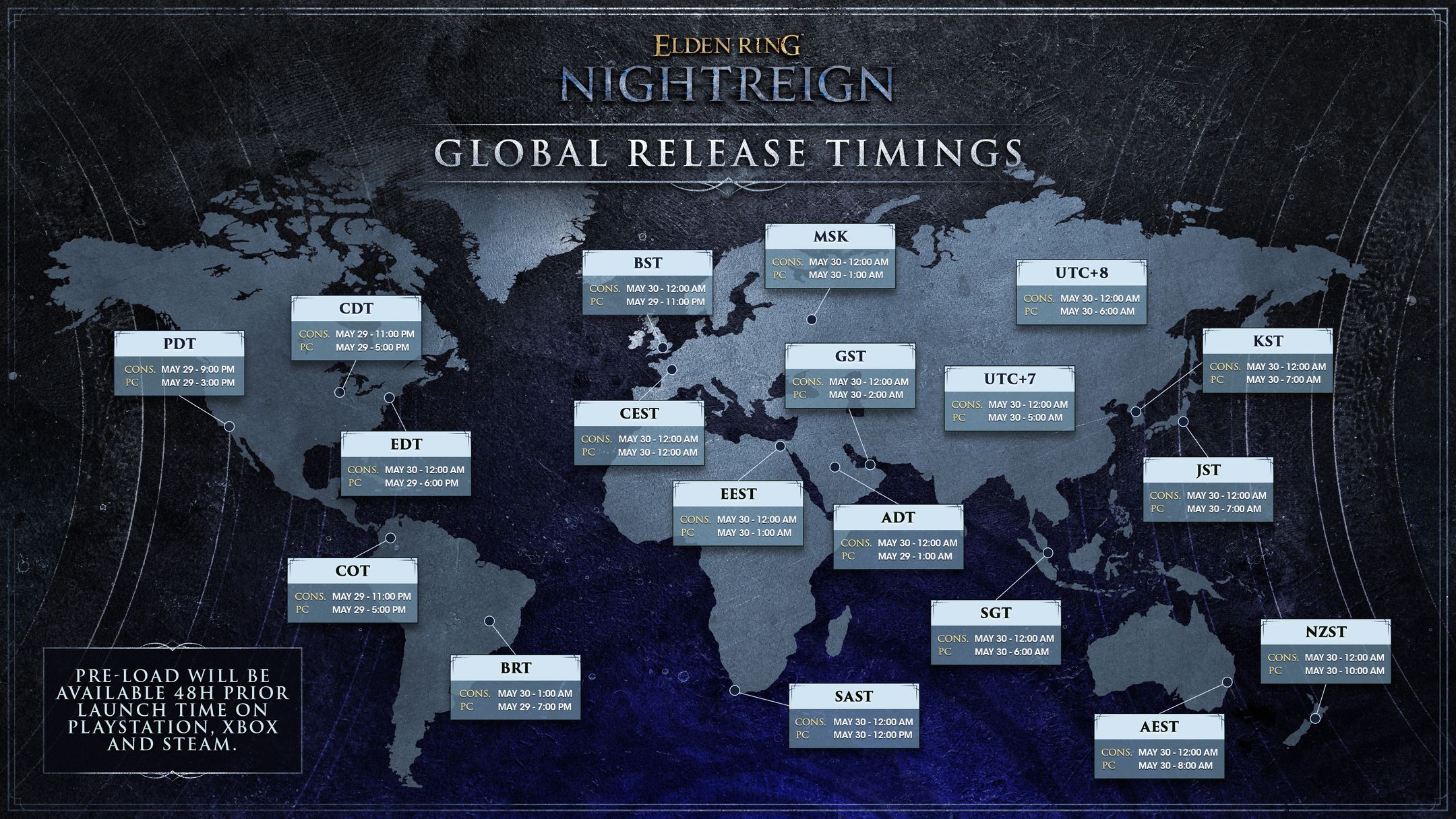 A graphic shows the Elden Ring Nightreign release times on PC, Xbox, PS5 A graphic shows the Elden Ring Nightreign release times on PC, Xbox, PS5