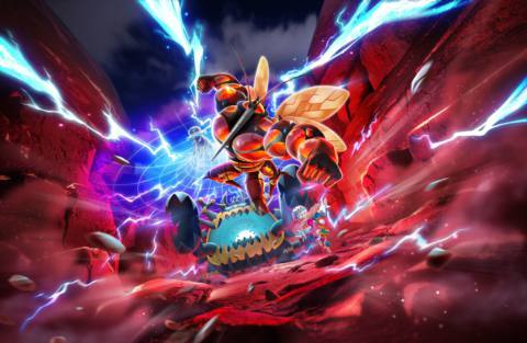 Pokemon TCG Pocket Extradimensional Crisis key art featuring Ultra Beasts leaping out of a red lightning storm