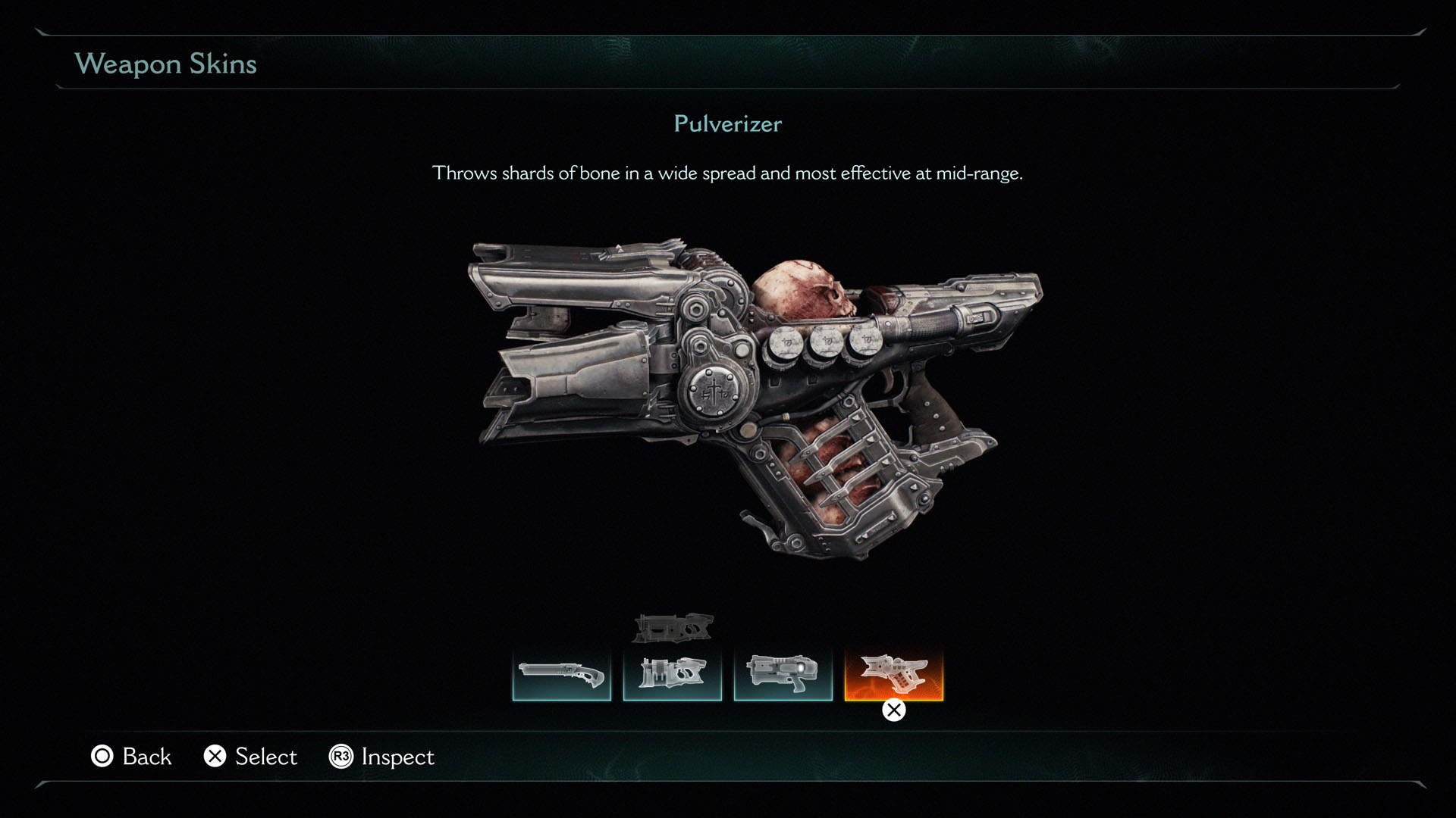 A screen showing the basic version of the Pulverizer, one of the guns you get in Doom: The Dark Ages. It has a skull in a compartment where the bones are crushed to be used as ammo.