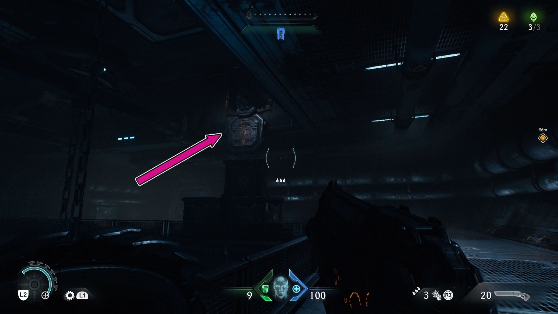 A screenshot showing an opened hatch from where you can reach the room where the Nightmare skin for the Shredder gun is located in Doom: The Dark Ages.