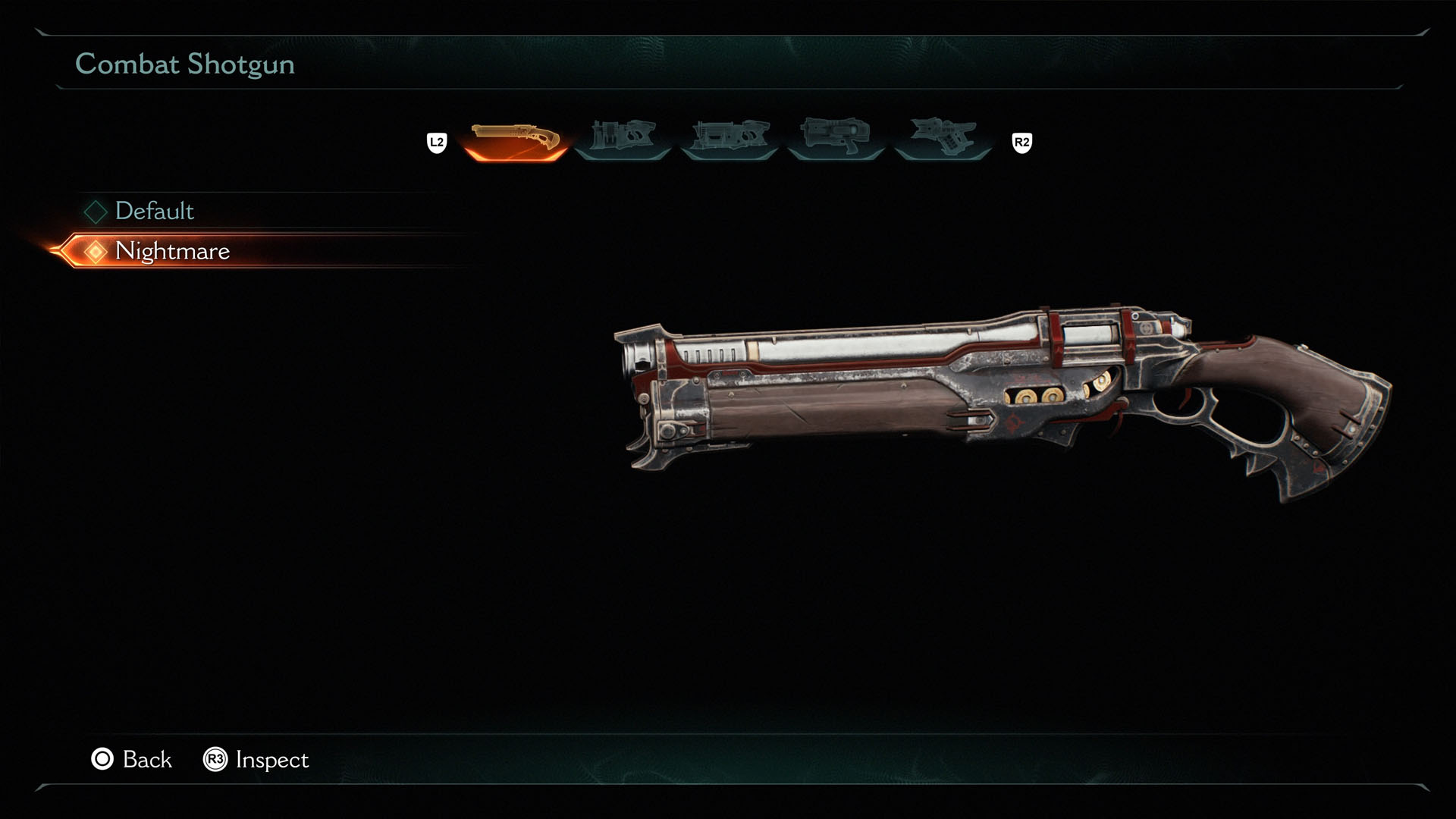The Nightmare skin for the Combat Shotgun, which has some details in red and brown in Doom: The Dark Ages