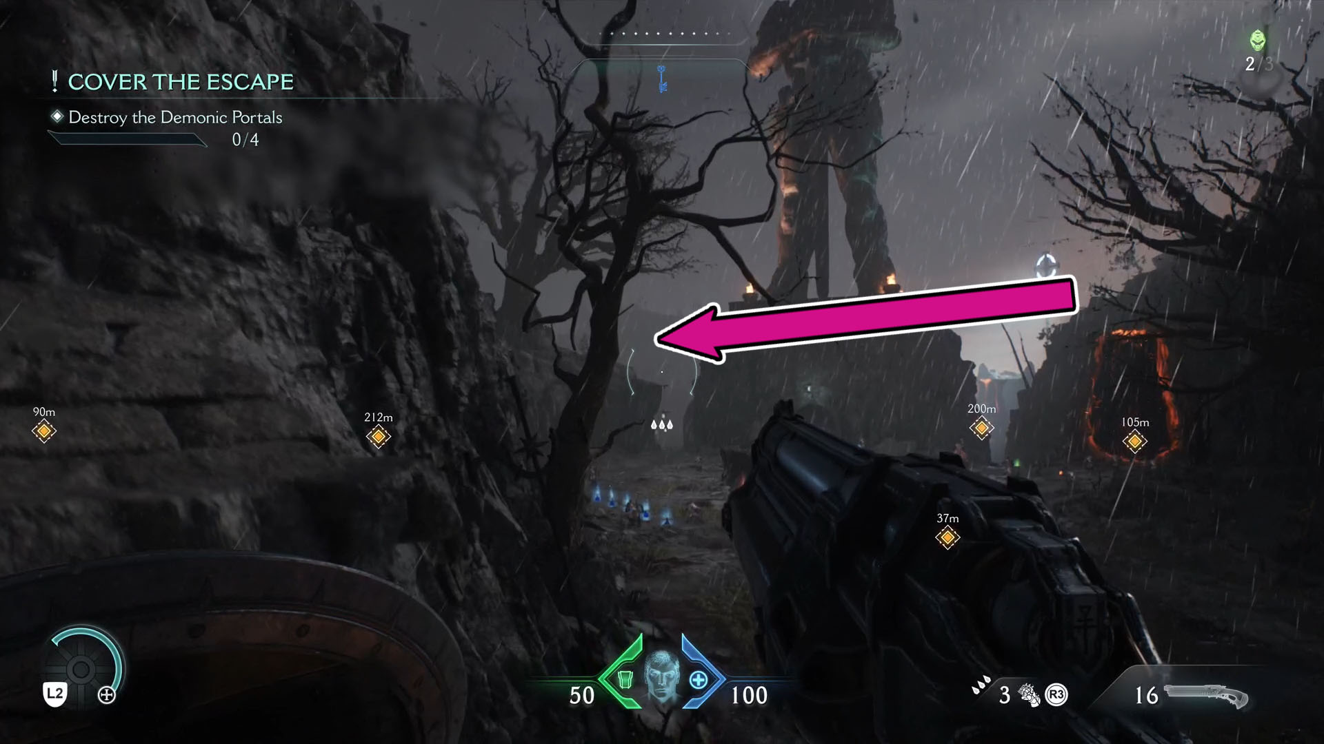 There is a giant statue holding a sword in the middle of the screen, a pink arrow pointing left, direction which you must follow to find the Combat Shotgun Nightmare skin in Doom: The Dark Ages.
