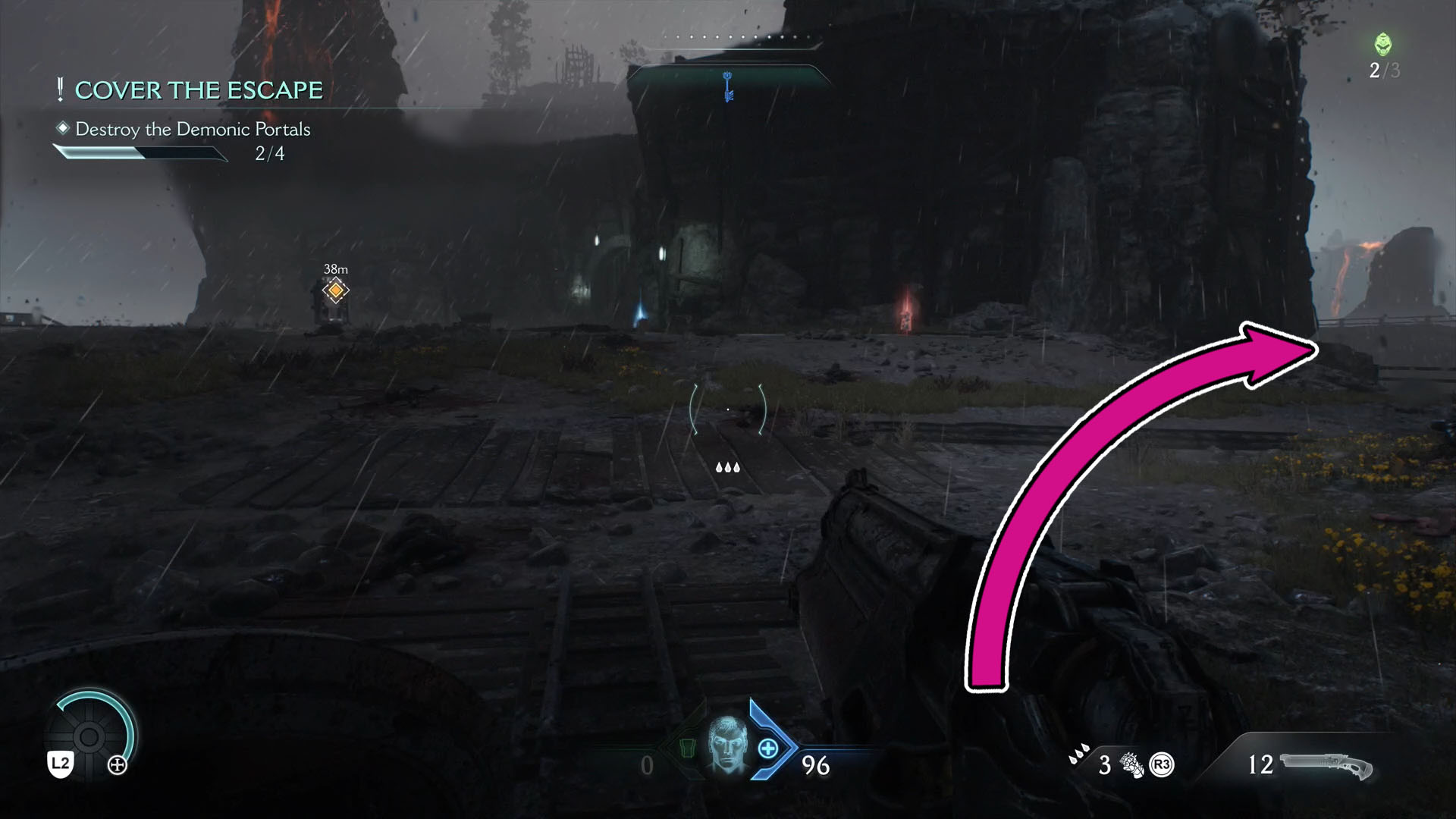 A screenshot where there is a gate to your left. An arrow indicates you must turn to your right at this location to find the edge from which you must jumpt to reach the room where the Nightmare Skin for the Combat Shotgun is located.