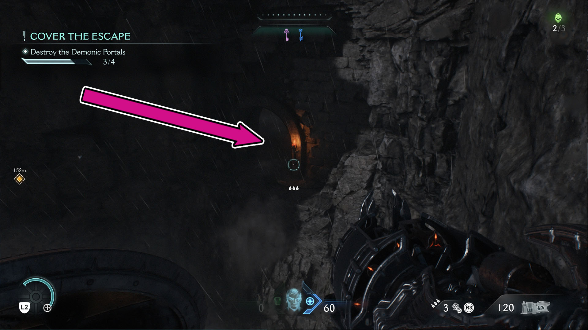 An imagem showing an entrance in a cliff. Inside, you can find the Combat Shotgun Nightmare skin in Doom: The Dark Ages.
