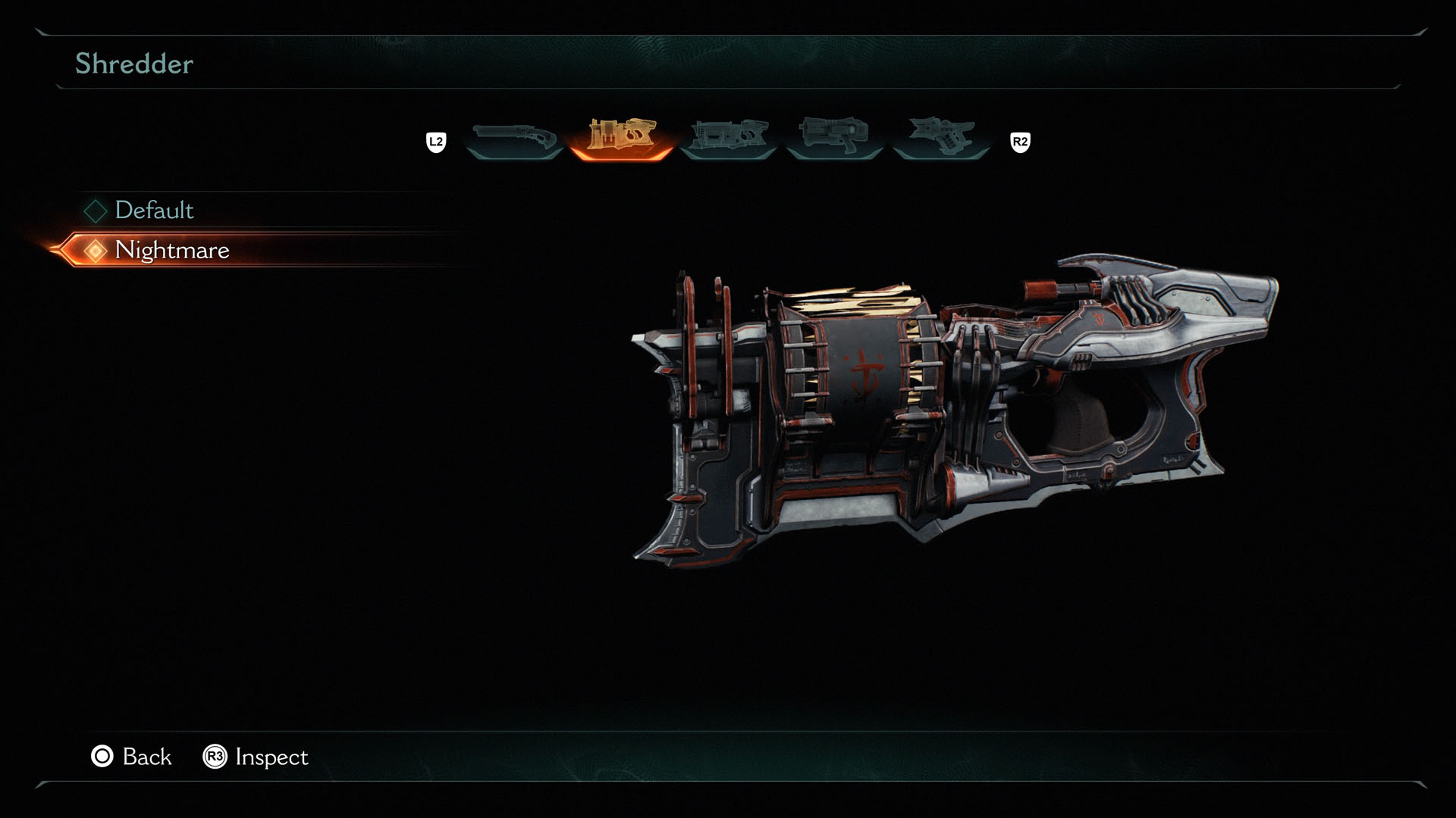 The Shredder Nightmare skin in Doom: The Dark Ages. This is a machine gun-like weapon with details and sigils in red. Most parts are painted in dark gray and light gray. 