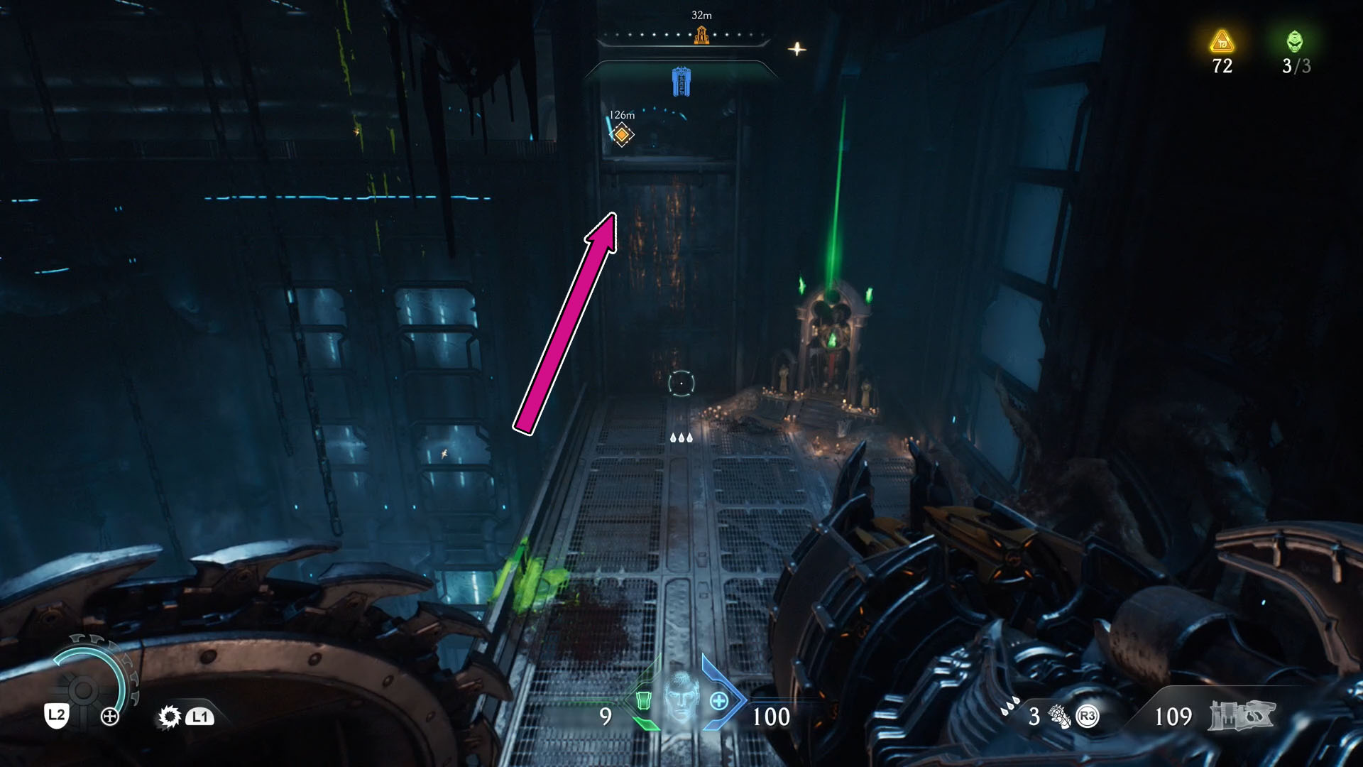 A screenshot showing a segment of a wall with yellow marks which you can climb beside a shrine with emitting a green light.