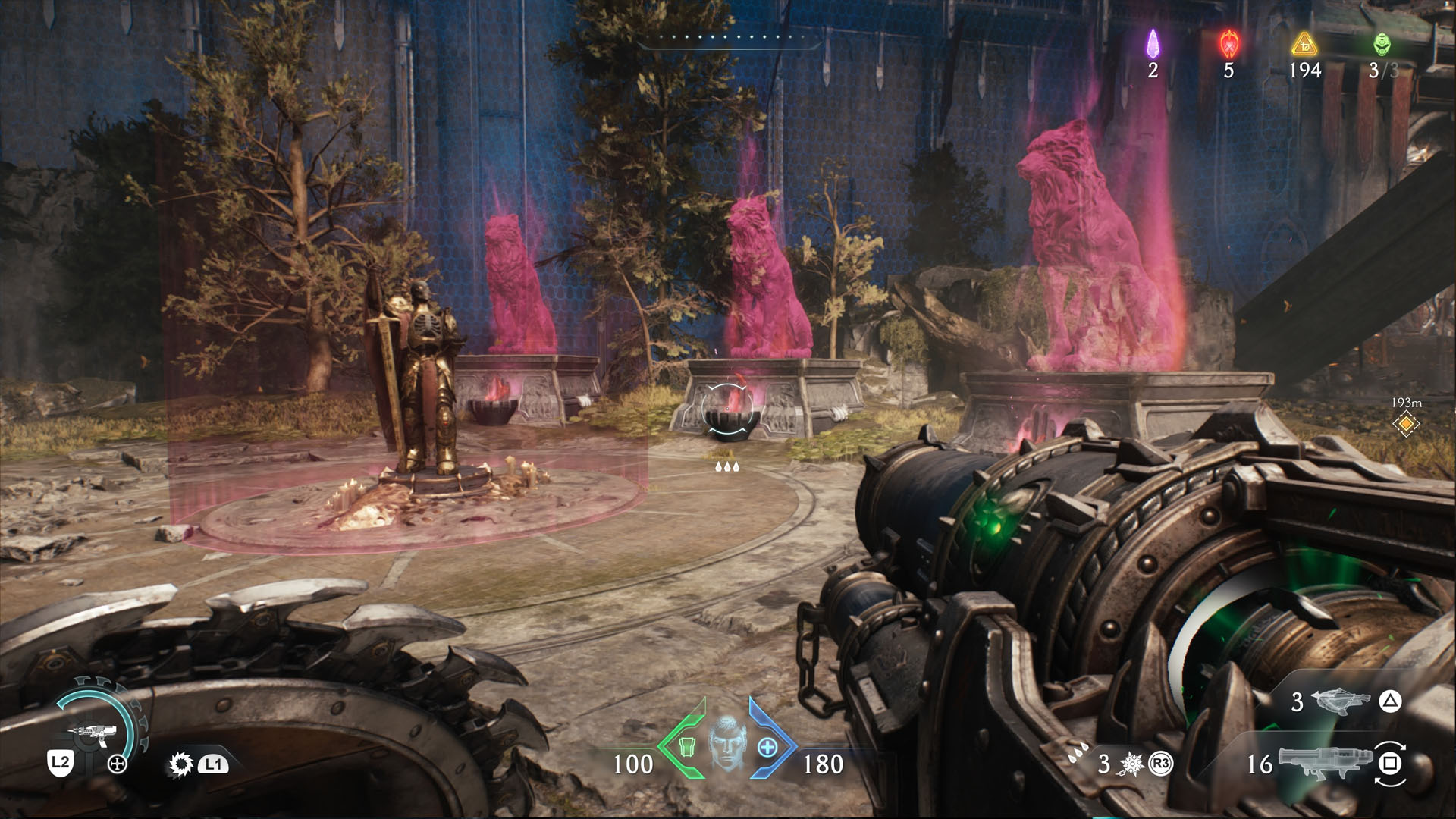 Three translucent Wolf Statues. All of them are facing an altar which hold a Ruby in Doom: The Dark Ages.