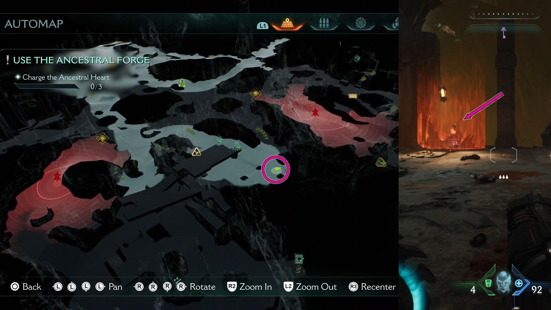 The image shows part of Doom: The Dark Age Chapter 9 map showing the location of the third Wolf Statue. It is on the right side of the map. You can also see a statue of a wolf surrounded by energy field.