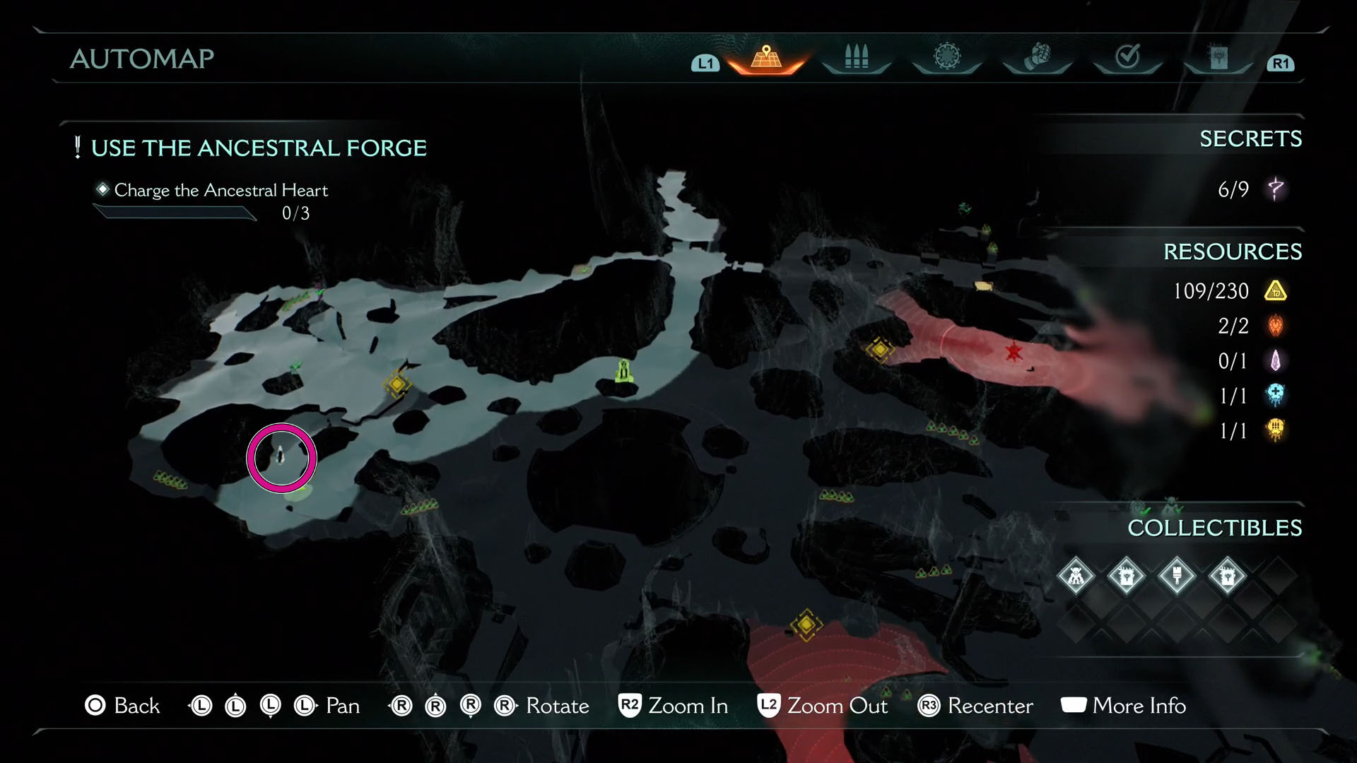 The image shows the map of Doom: The Dark Ages Chapter 9 and the location of the Wraithstone which you can collect by breaking three Wolf Statues. The reward is located to the left side of the map.