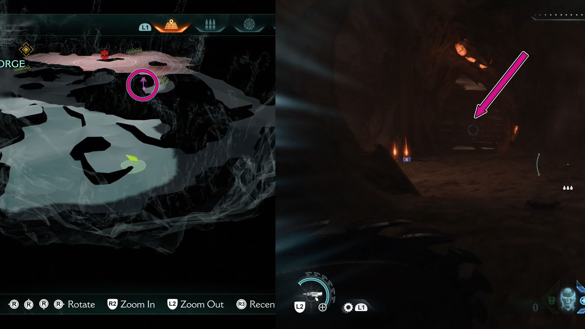The image shows part of Doom: The Dark Ages Chapter 9 map with a pink circle showing where the Purple Key is located. Beside it, there is a picture of where breakable wall. Players should go through it to find the key.