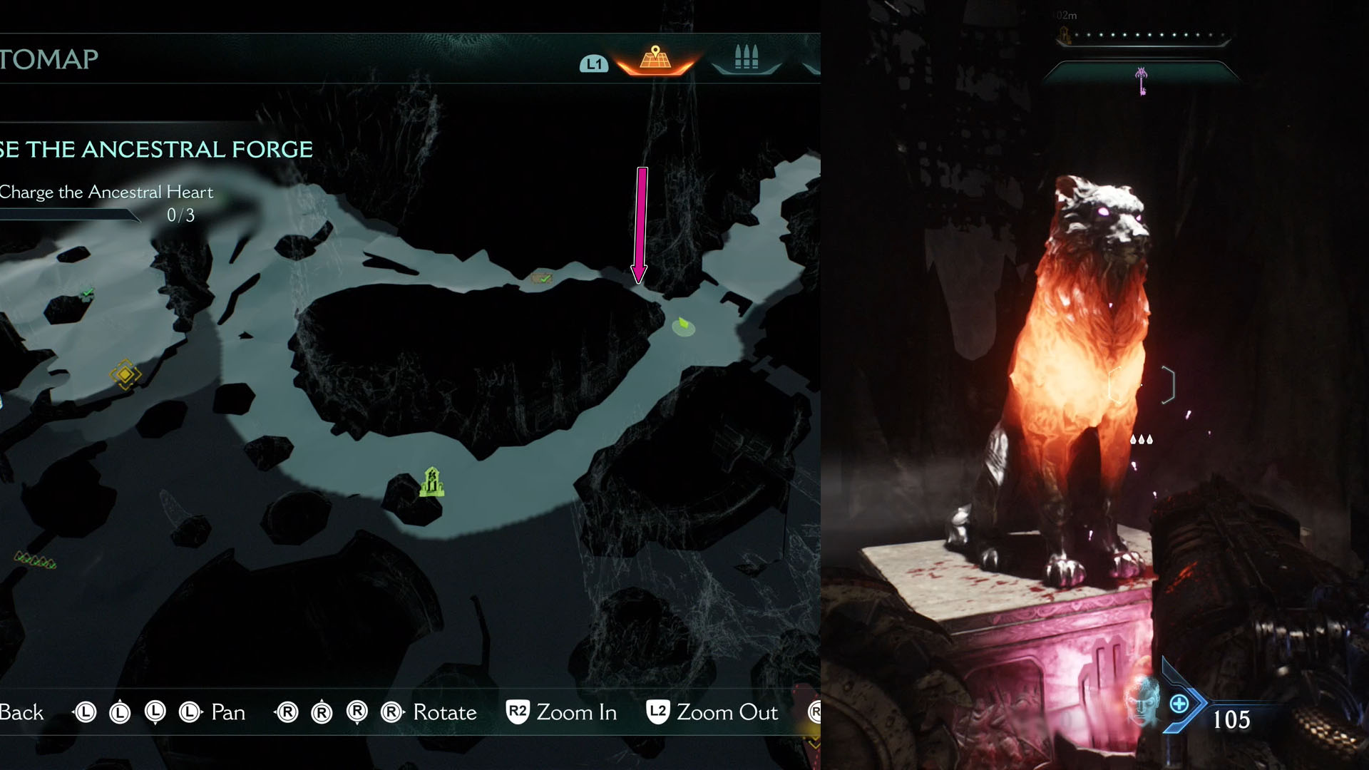 The image shows part of Doom: The Dark Ages Chapter 9 map and the location of the first Wolf Statue. It is close to the initial segment of the chapter. Beside it, there a picture of a statue of a wolf.