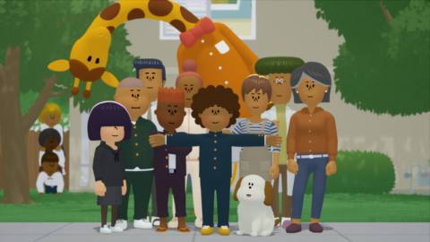 A screenshot from To a T shows the game’s cast of characters, including the T-shaped teen and Giraffe, bending her neck down