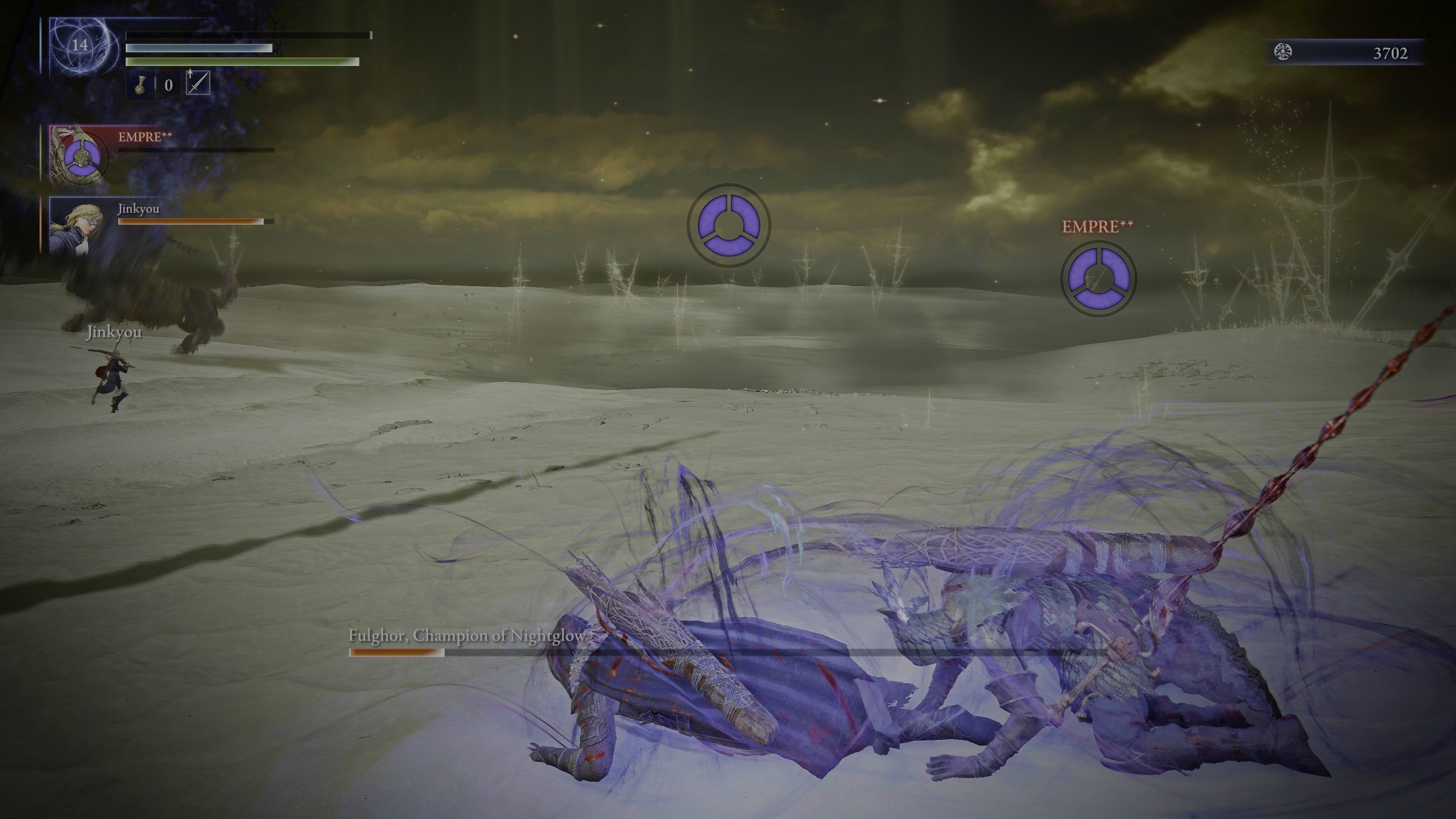 Two Nightreign characters knocked out while a third solos the boss who is at low health.