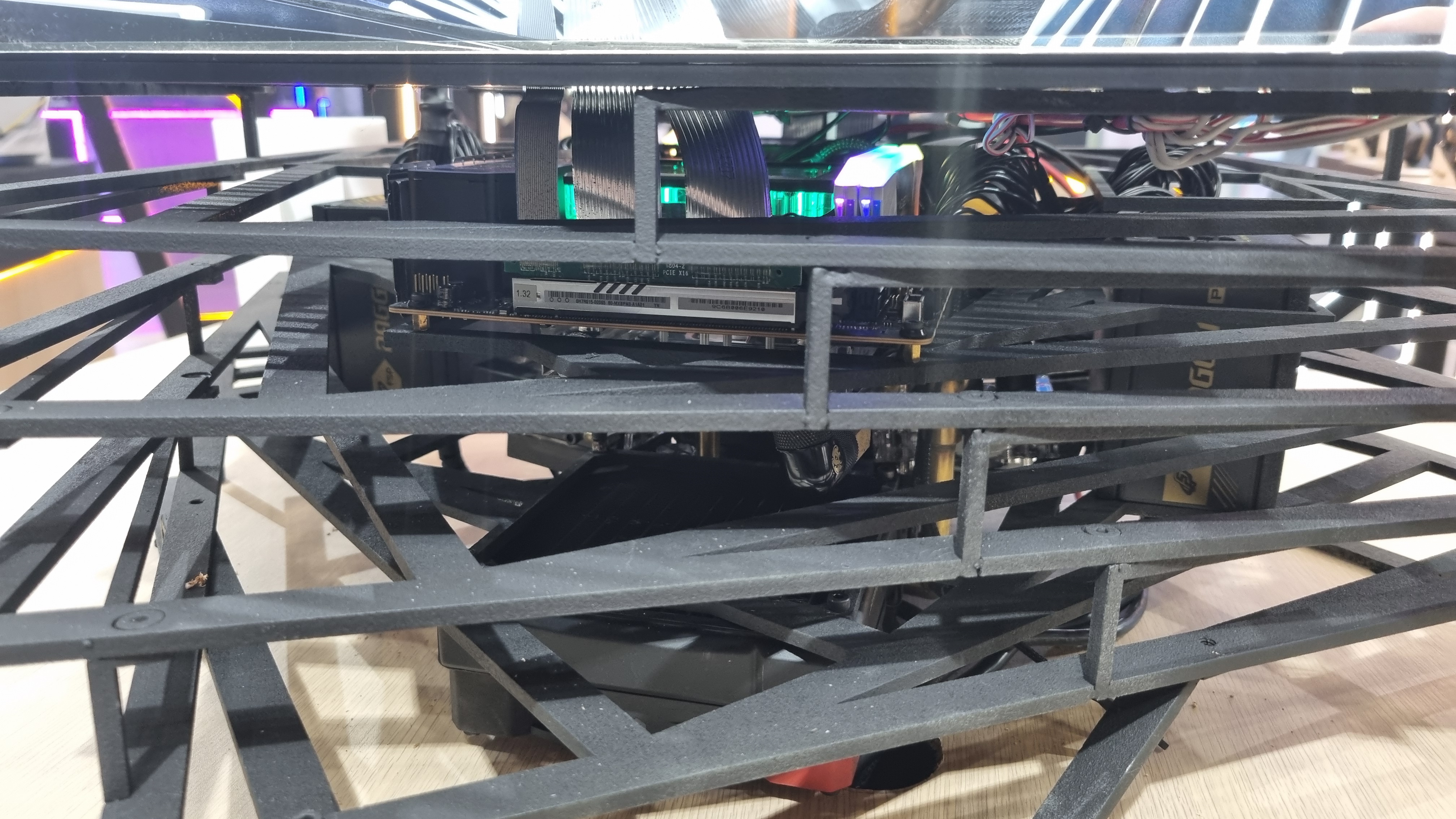 The hidden internals of a custom PC case at the Zotac booth, Computex 2025