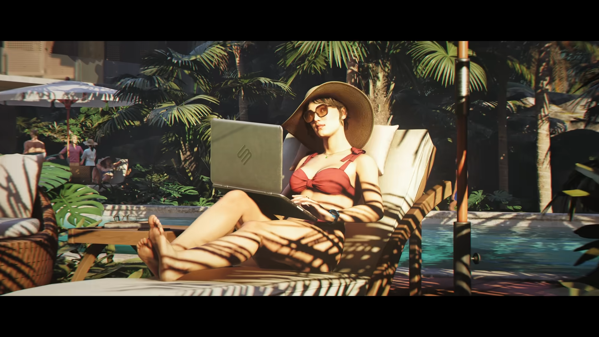 A woman from 007 First Light in a bathing suit and sunglasses who is relaxing next to a pool on a hot summer day with a laptop resting in her lap.