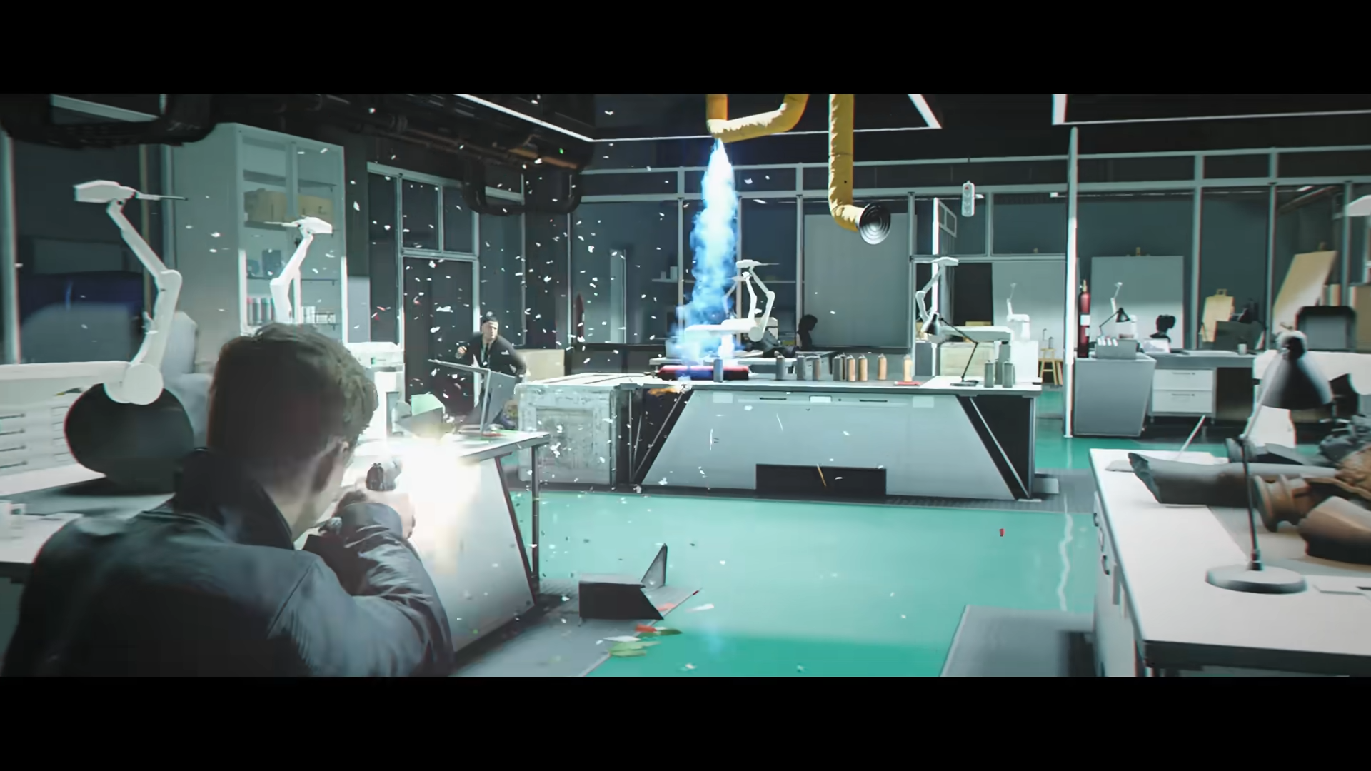 A behind-the-shoulder shot of James Bond in 007 First Light. He's firing a pistol causing debris to fill the office building he's in.