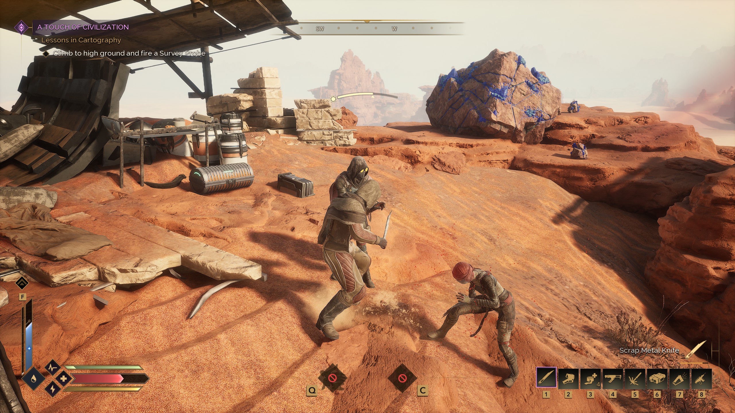 A Dune Awakening player in a knife fight with two scavengers A Dune Awakening player in a knife fight with two scavengers