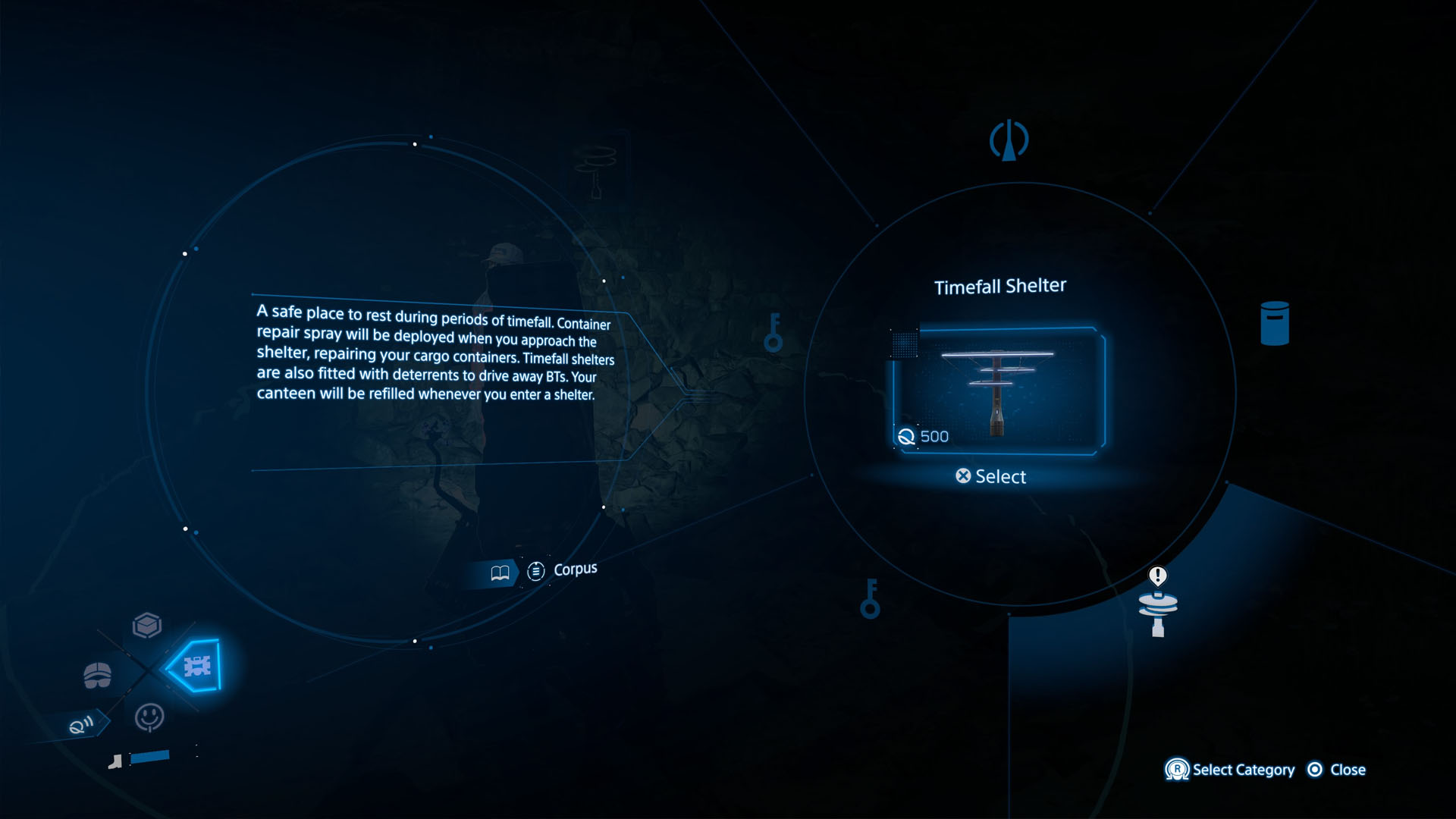A Death Stranding 2 screenshot showing the menu where you can create a Timefall Shelter. A Death Stranding 2 screenshot showing the menu where you can create a Timefall Shelter.