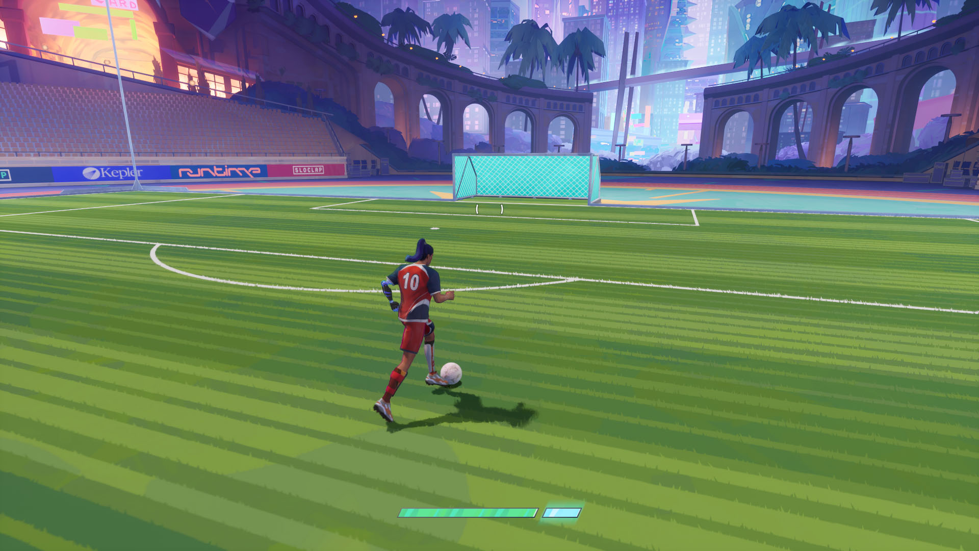 A Rematch screenshot showing a character in the Freeplay mode moving toward the goal. A Rematch screenshot showing a character in the Freeplay mode moving toward the goal.