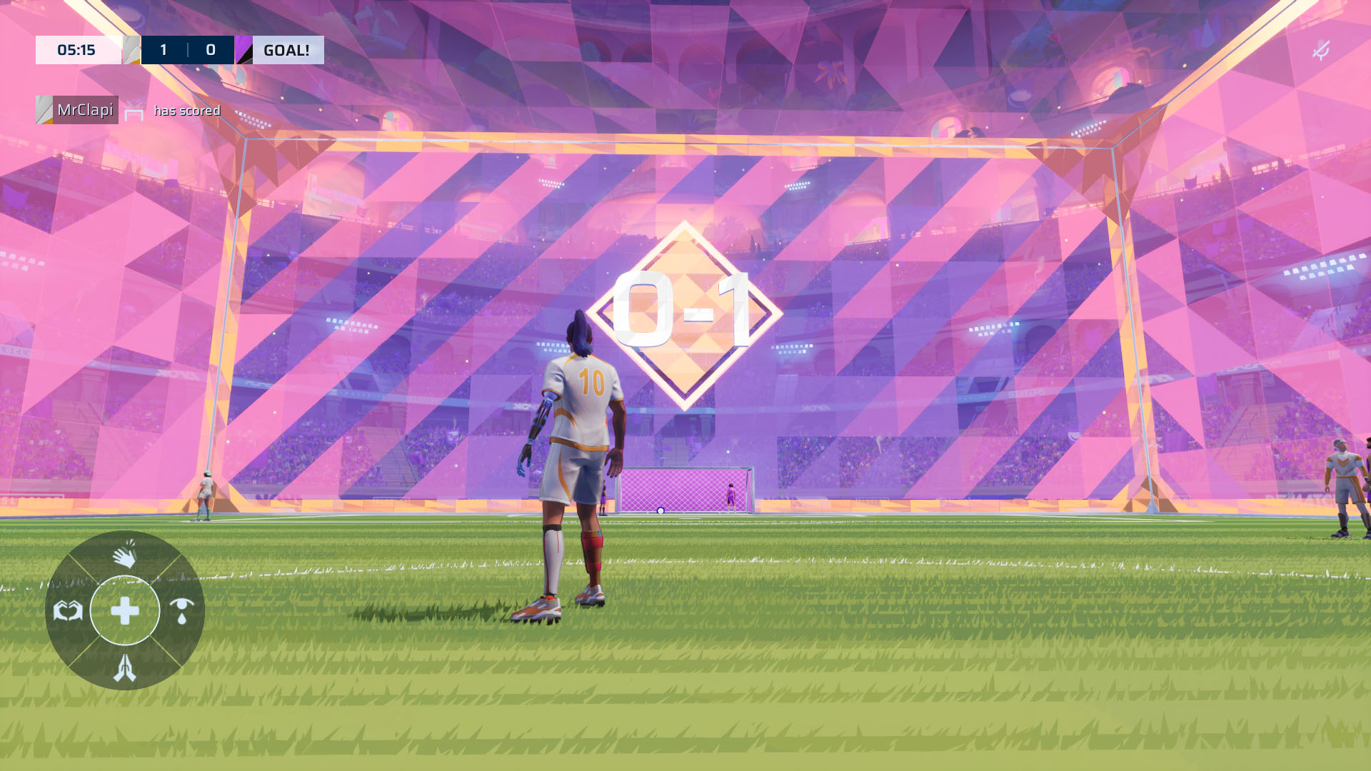 A Rematch screenshot showing the character on field and the score showing on the walls around the place. A Rematch screenshot showing the character on field and the score showing on the walls around the place.