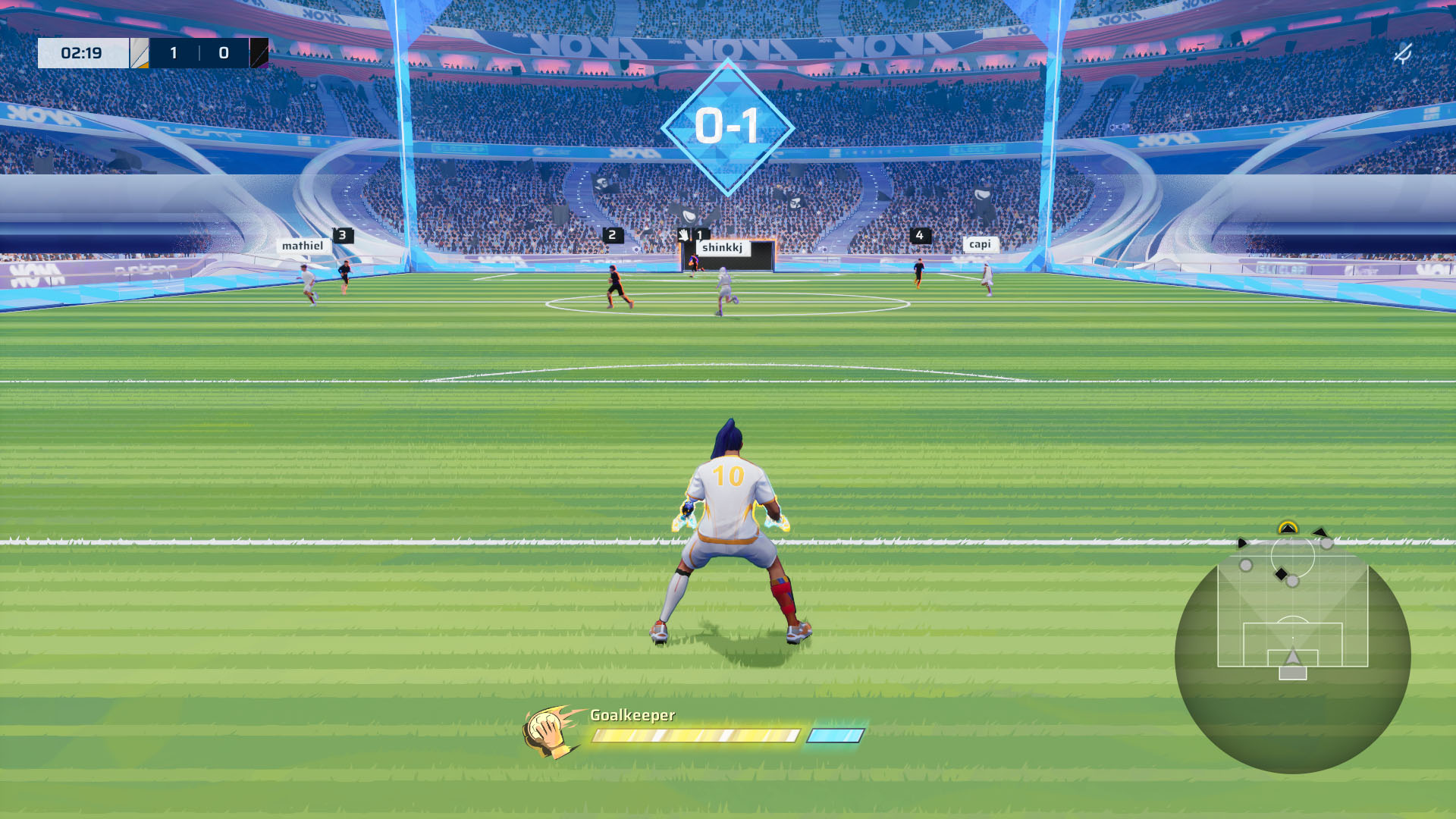A Rematch screenshot showing the character playing the role of the goalkeeper. A Rematch screenshot showing the character playing the role of the goalkeeper.