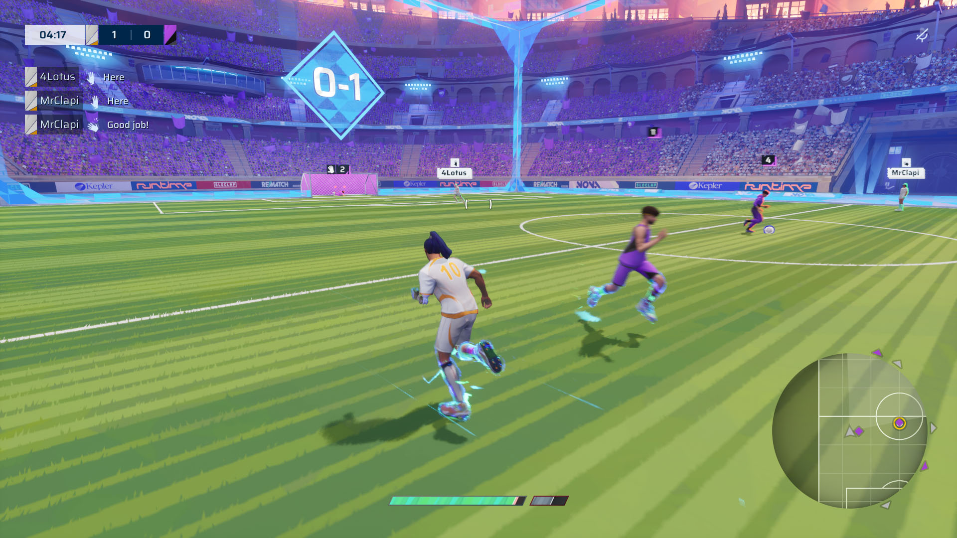 A Rematch screenshot showing the character running close to the opposing team. A Rematch screenshot showing the character running close to the opposing team.