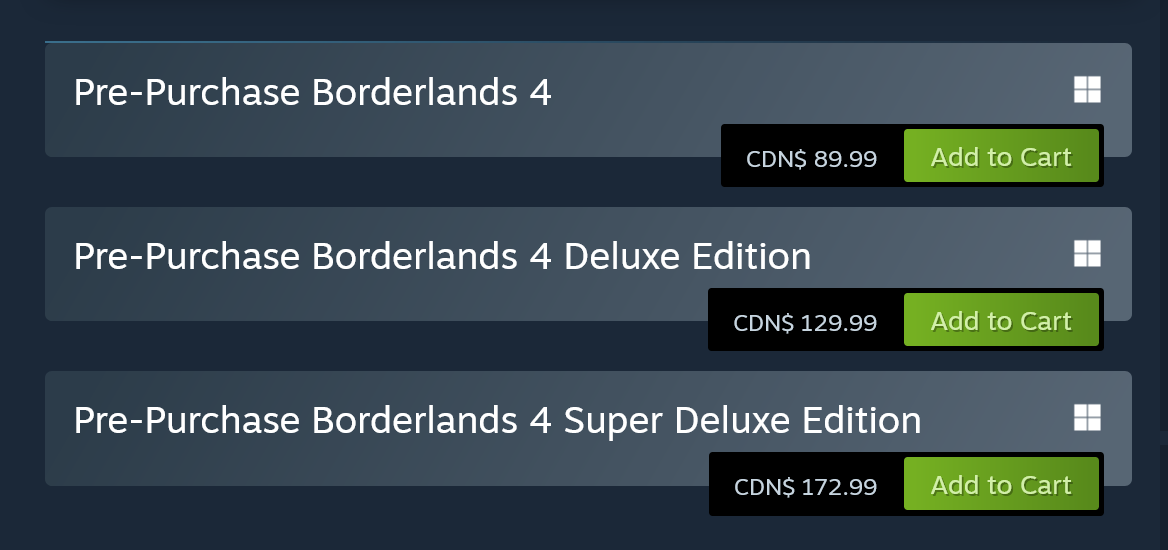 Borderlands 4 Steam pricing in Canada