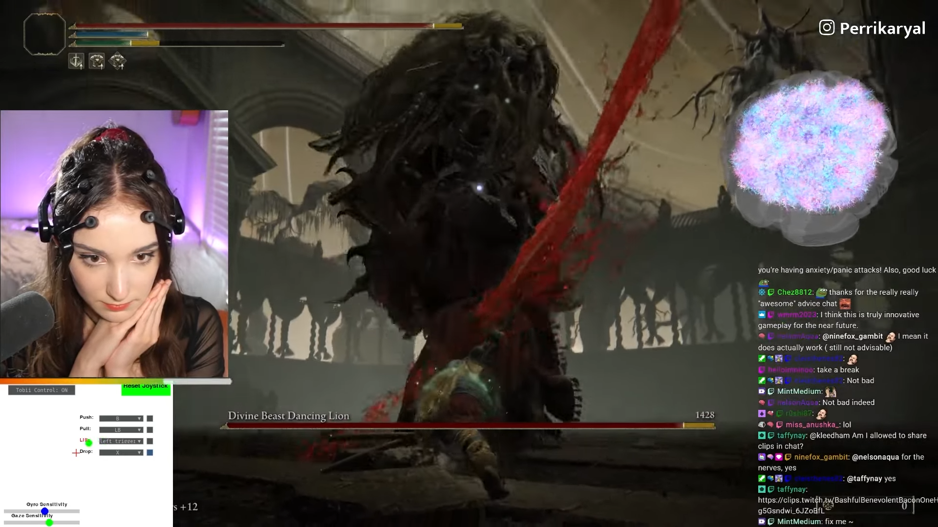 The streamer PerriKaryal is seen concentrating via a picture-in-picture stream. She's playing the Elden Ring: Shadow of the Erdtree DLC via a hands-free EEG control scheme. Her hands are seen, palms pressed together under chin, in a contemplative gesture as she stares intently at the game screen.