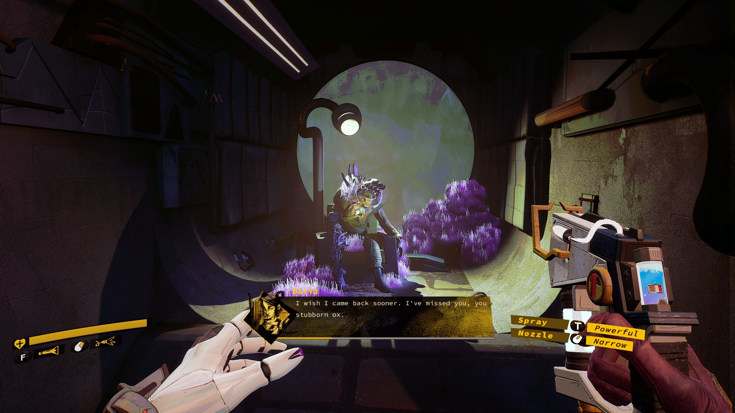 A screenshot from Ambrosia Sky in which Dalia discovers the corpse of someone she once knew, his body now overrun by fungal spores. “I wish I came back sooner. I’ve missed you, you stubborn ox,” she says (via dialog box). A screenshot from Ambrosia Sky in which Dalia discovers the corpse of someone she once knew, his body now overrun by fungal spores. “I wish I came back sooner. I’ve missed you, you stubborn ox,” she says (via dialog box).