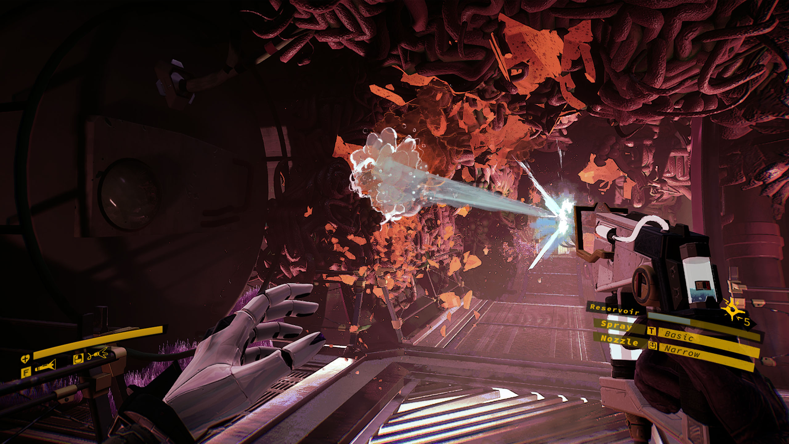 The protagonist of Ambrosia Sky shoots her water gun at a bunch of fungus on the wall of a space station The protagonist of Ambrosia Sky shoots her water gun at a bunch of fungus on the wall of a space station