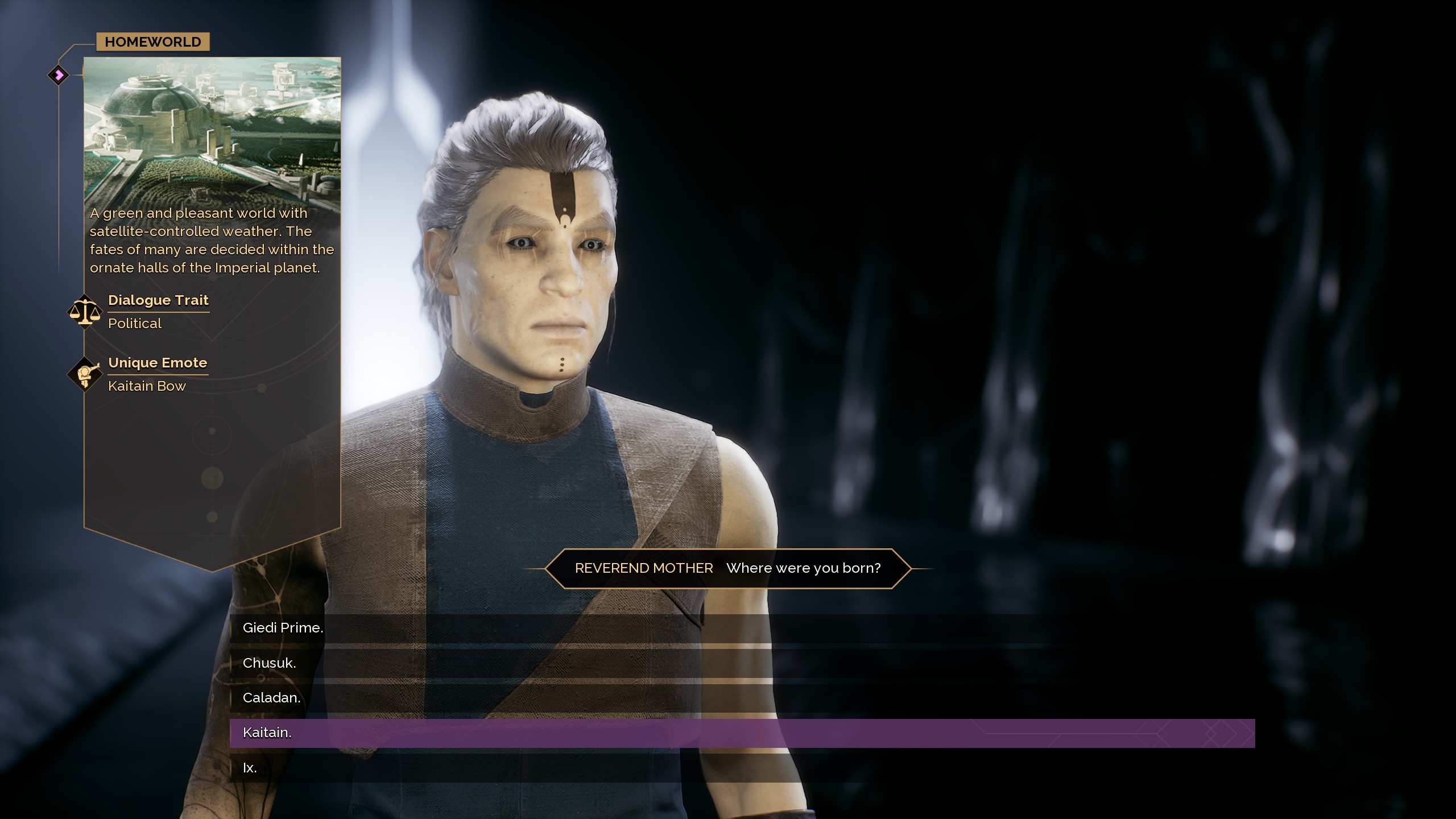 A character in Dune Awakening selecting Katain as their homeworld choice
