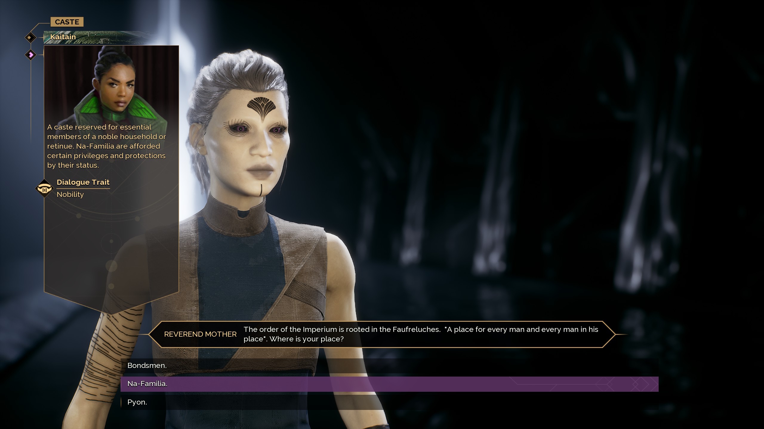 A player character in Dune Awakening choosing the Na-Familia noble caste as their background