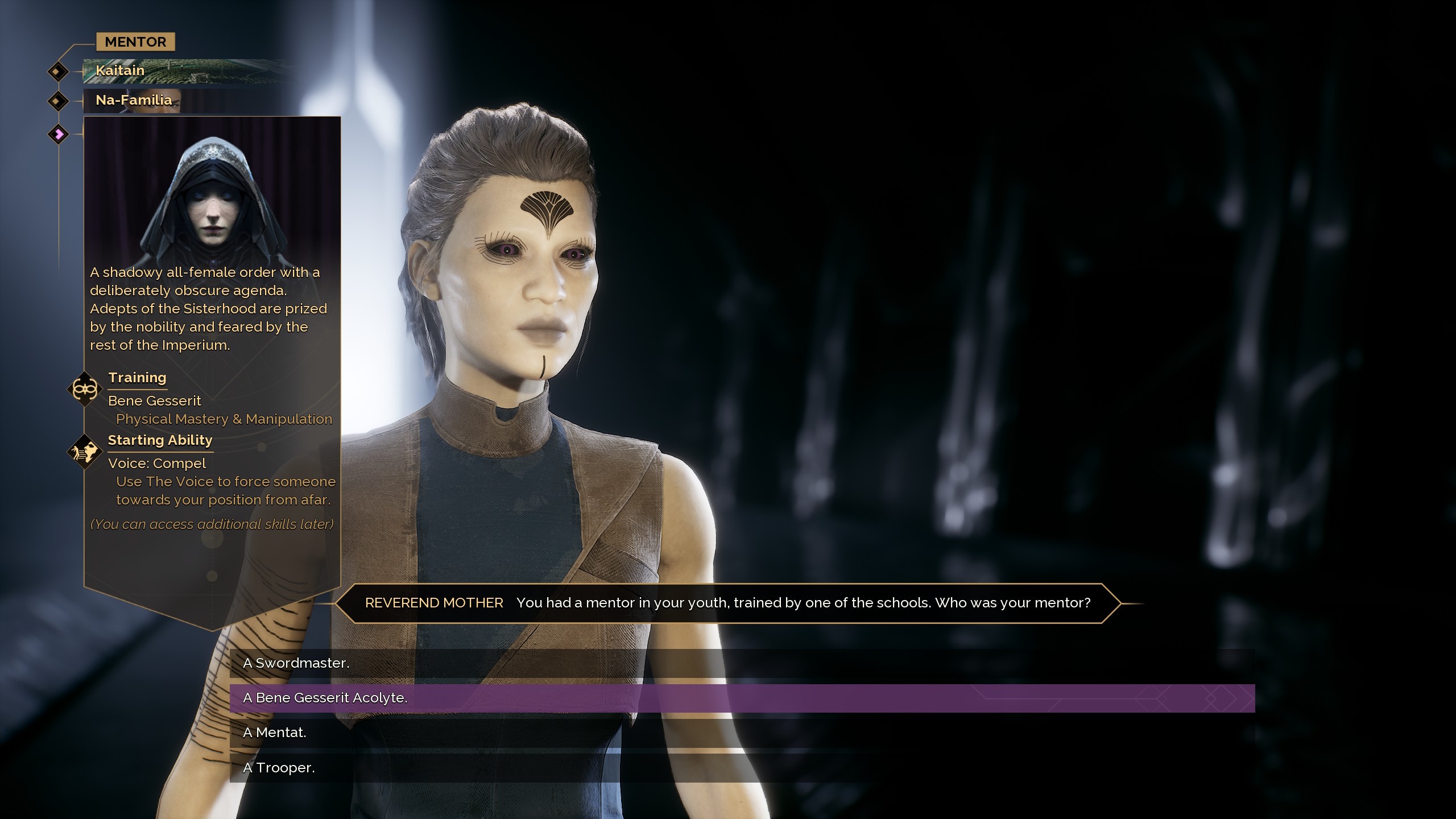 A character in Dune Awakening choosing their starting class mentor