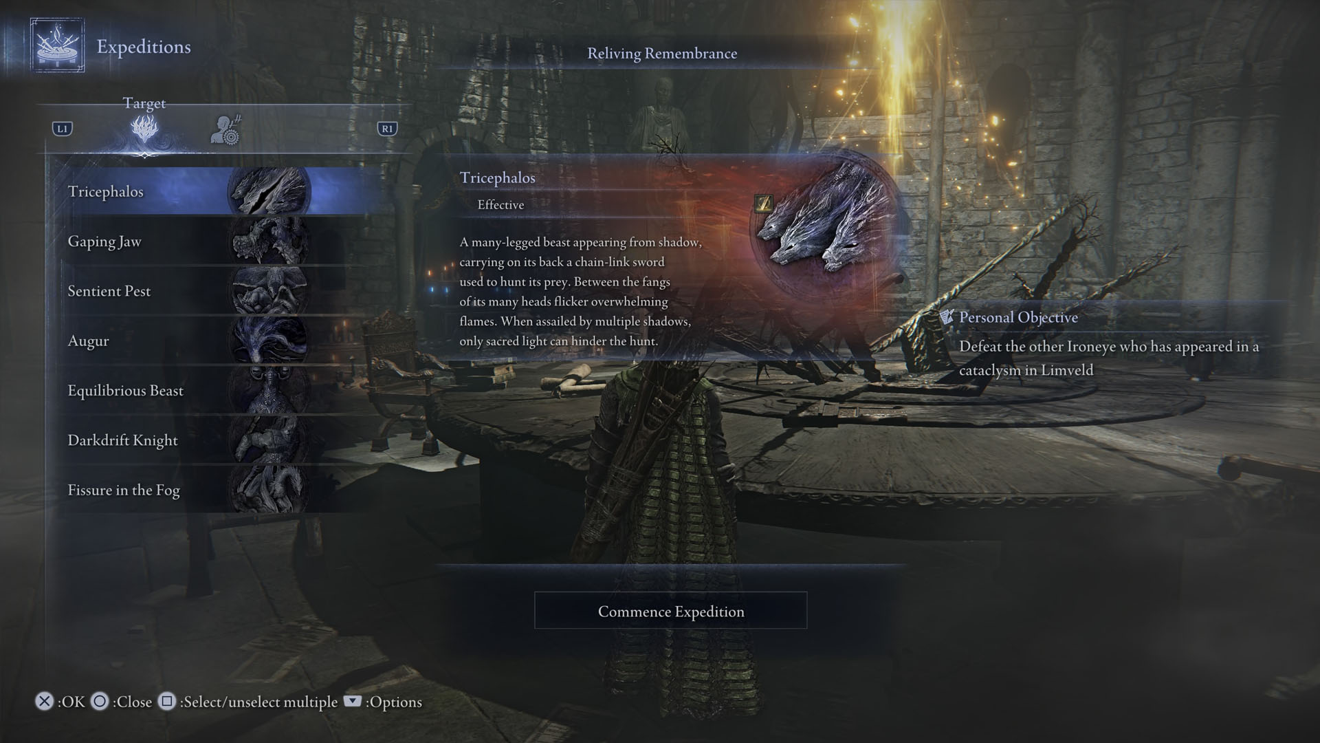 An Elden Ring Nightreign screenshot showing the Expeditions menu, with a list of most bosses you can fight in the game.