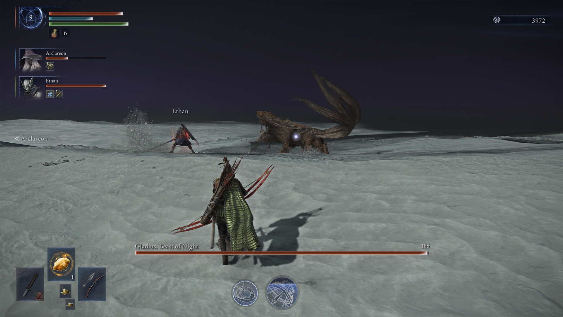 An Elden Ring Nightreign screenshot showing the a group of players fighting Gladius, Beast of Night, the first Nightlord available in the game.