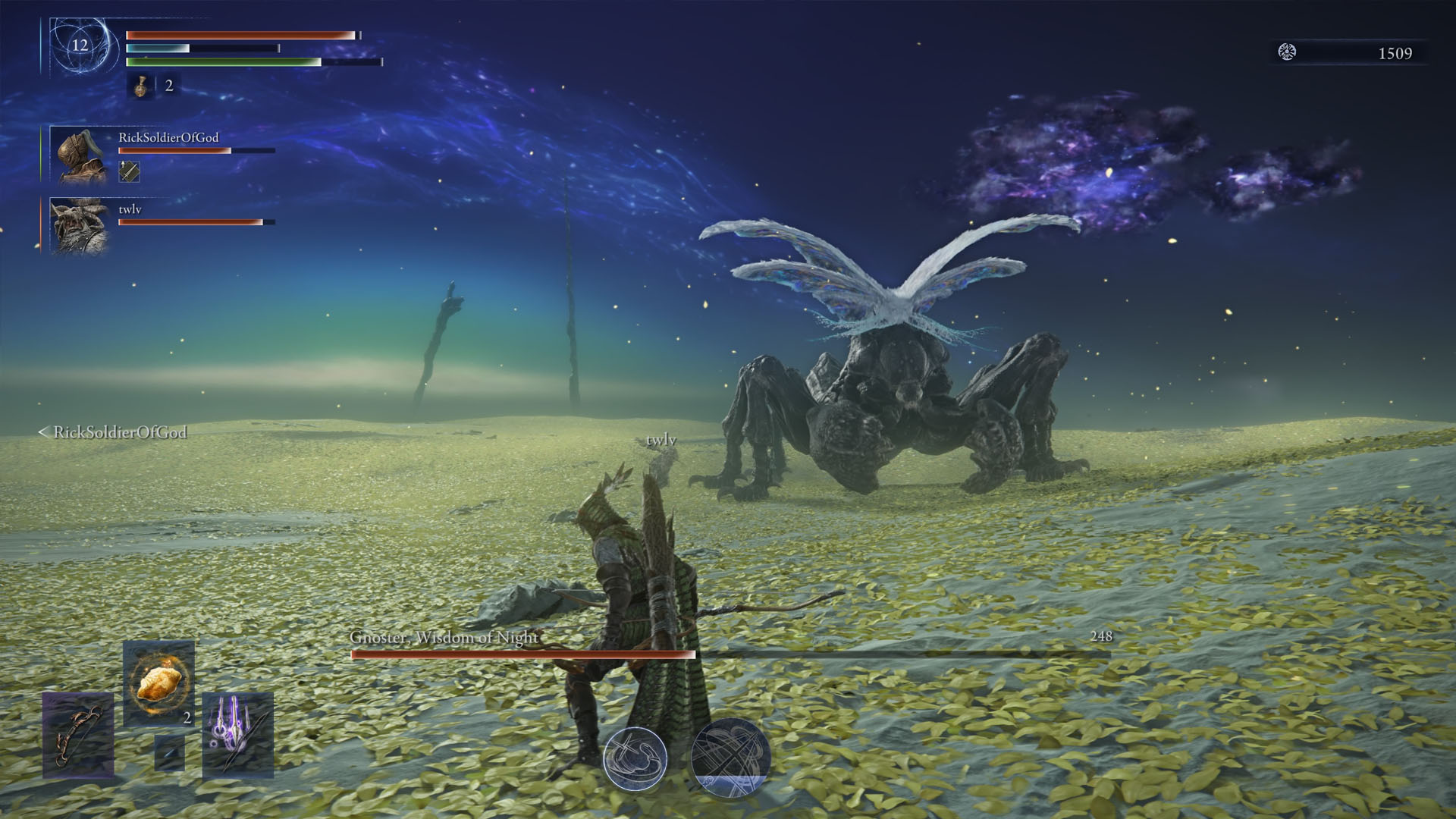 An Elden Ring Nightreign screenshot showing the Gnoest, Wisdom of Night Nightlord and the Ironeye character in front of it.