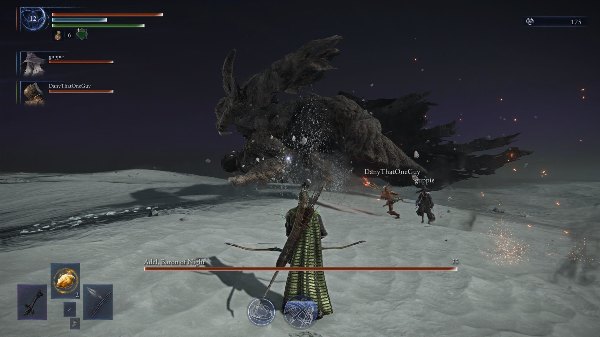 An Elden Ring Nightreign screenshot showing Adel, Baron of Night. They seem like a mixture of a featherless chicken and a hippo.
