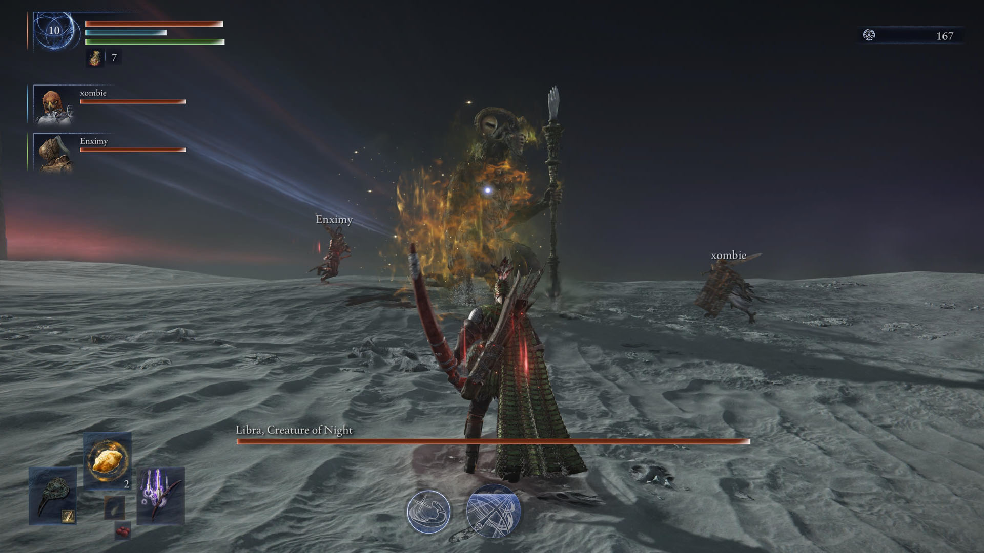 An Elden Ring Nightreign screenshot showing Libra, Creature of Night. This boss resembles a goat holding a staff and expelling yellow smoke from its body.