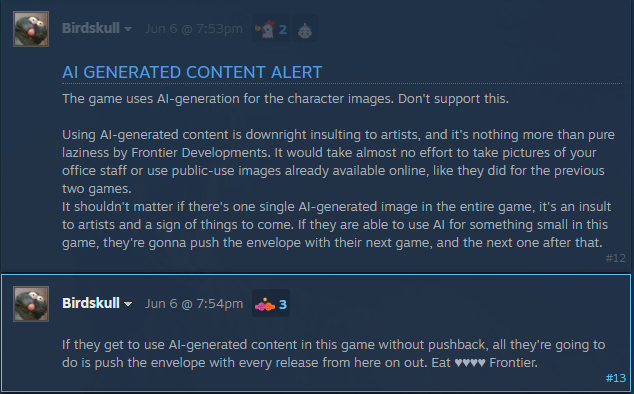 Steam user Birdskull criticizing Frontier Developments for using AI-generated portraits in Jurassic World Evolution 3.