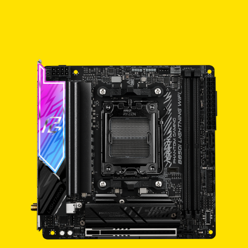 ASRock Phantom Gaming B850I Lightning Wi-Fi on a yellow background 