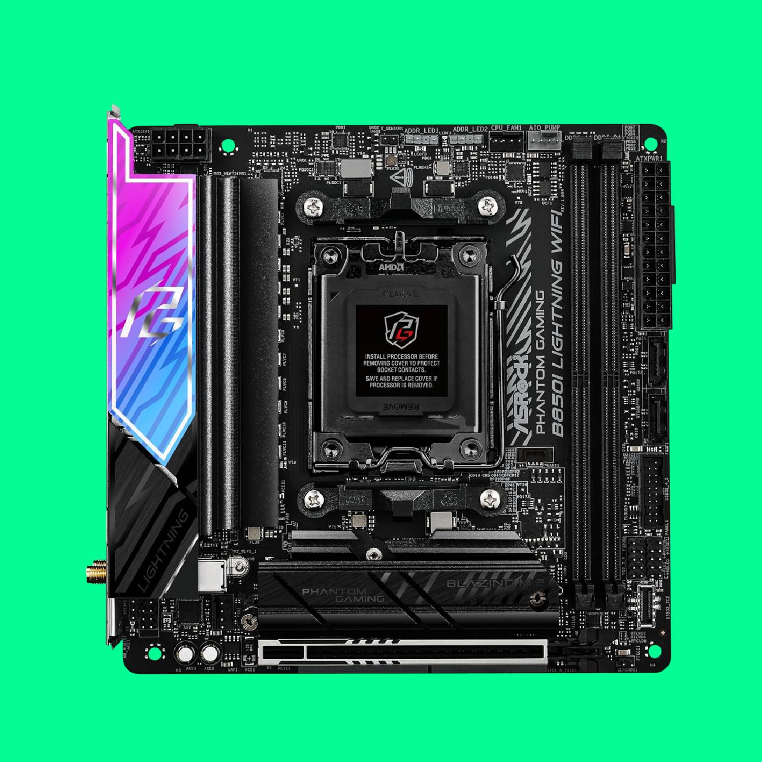 ASRock Phantom Gaming B860i Lightning Wi-Fi motherboard on a green background
