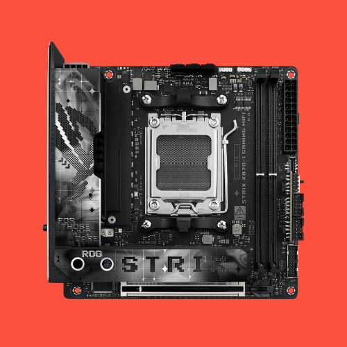 Asus ROG Strix X870-I Gaming WiFi on a red background