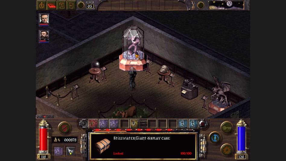 A screenshot of Arcanum: Of Steamworks and Magick Obscura with a player character inspecting a display case with a giant in it.